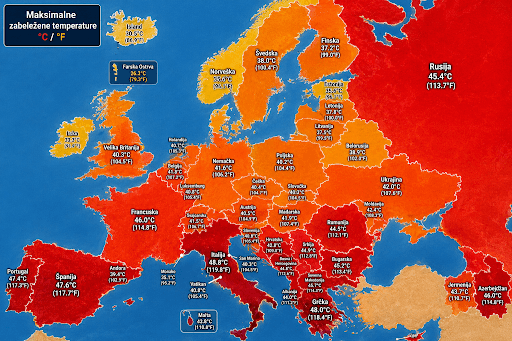 Mapa na kojoj sve gori: Ovo su najviše temperature ikada zabilježene u Evropi, BiH u samom vrhu